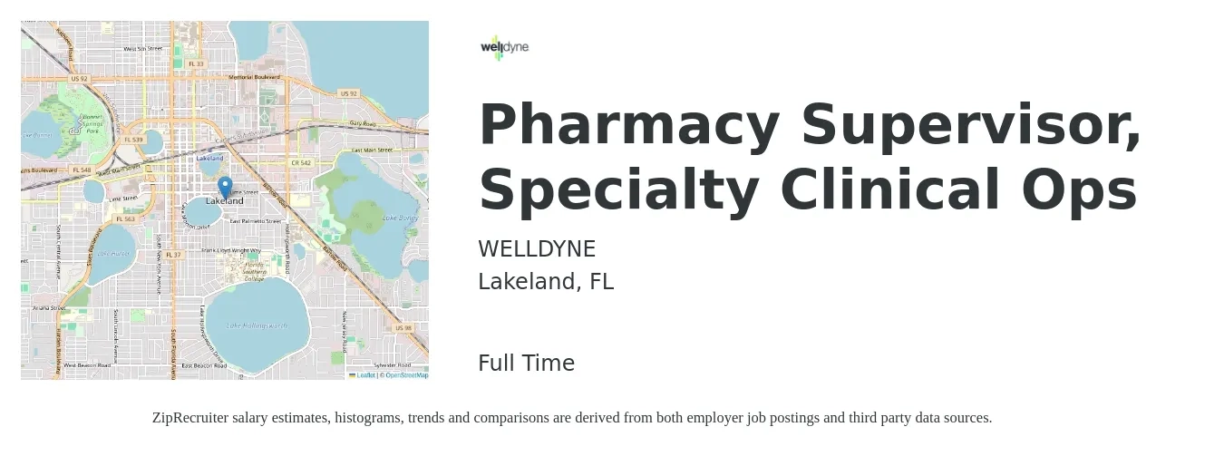 WELLDYNE job posting for a Pharmacy Supervisor, Specialty Clinical Ops in Lakeland, FL with a salary of $118,000 to $138,900 Yearly with a map of Lakeland location.