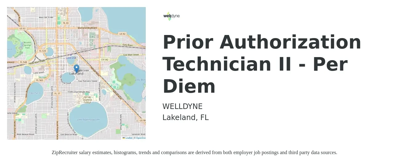 WELLDYNE job posting for a Prior Authorization Technician II - Per Diem in Lakeland, FL with a salary of $16 to $20 Hourly with a map of Lakeland location.