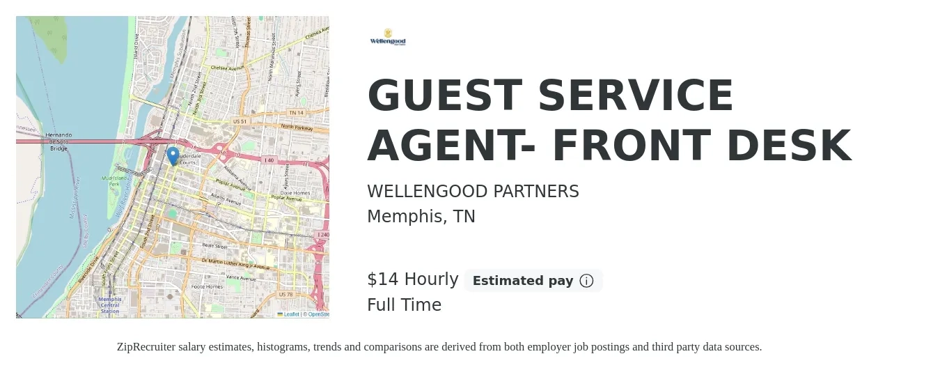WELLENGOOD PARTNERS job posting for a GUEST SERVICE AGENT- FRONT DESK in Memphis, TN with a salary of $15 Hourly with a map of Memphis location.