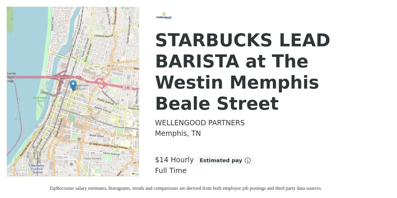 WELLENGOOD PARTNERS job posting for a STARBUCKS LEAD BARISTA at The Westin Memphis Beale Street in Memphis, TN with a salary of $15 Hourly with a map of Memphis location.