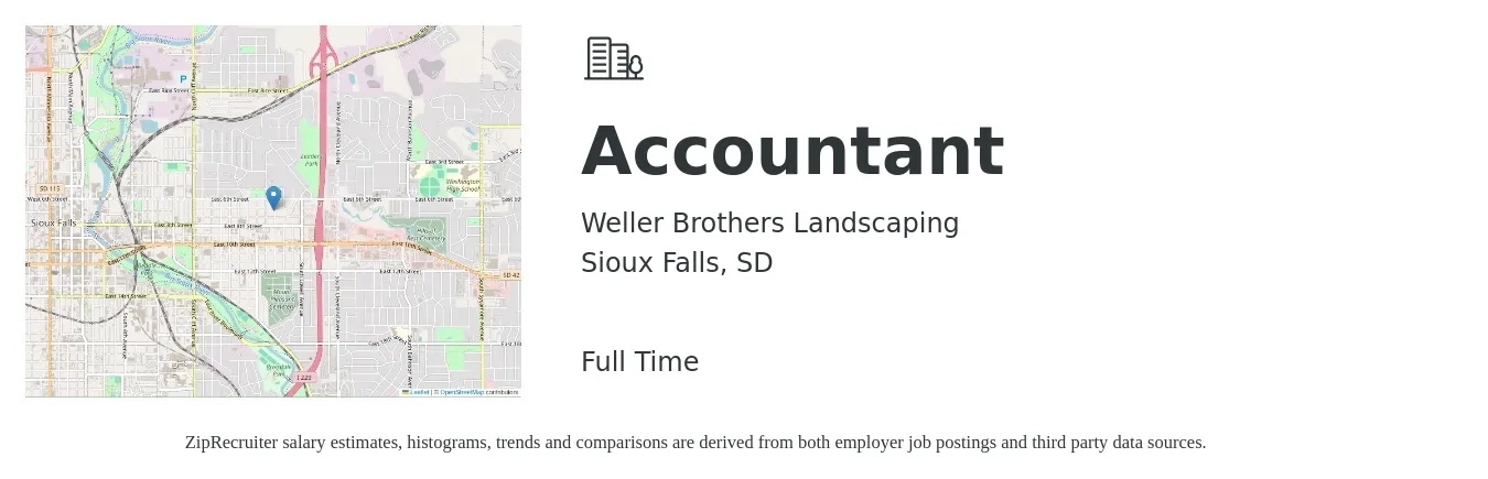 Weller Brothers Landscaping job posting for a Accountant in Sioux Falls, SD with a salary of $53,200 to $78,100 Yearly with a map of Sioux Falls location.