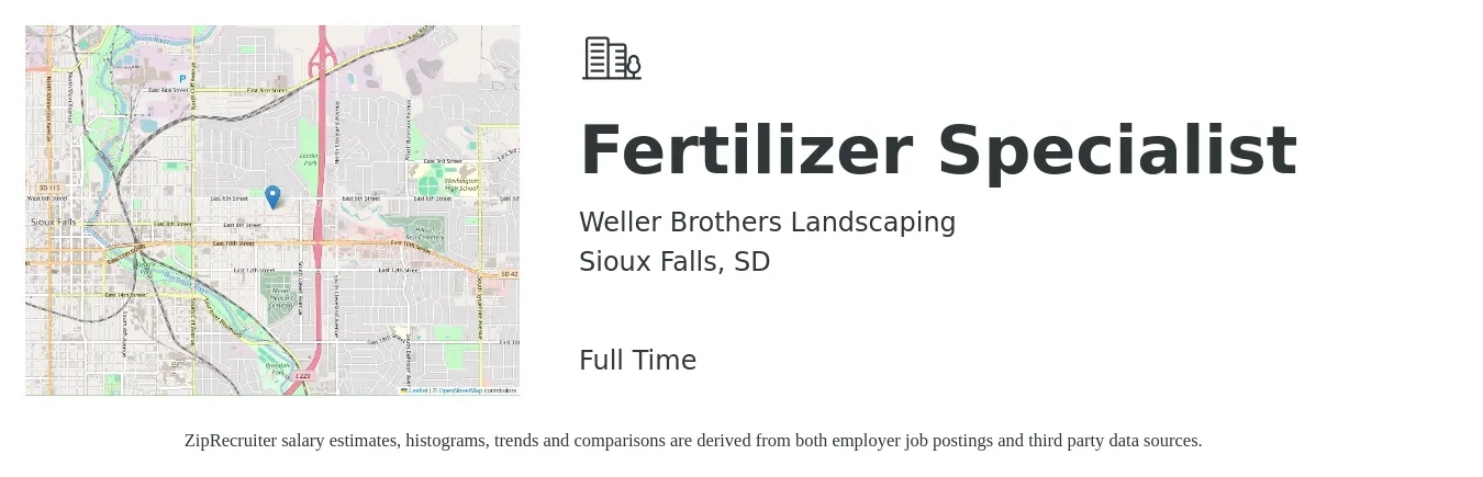 Weller Brothers Landscaping job posting for a Fertilizer Specialist in Sioux Falls, SD with a map of Sioux Falls location.