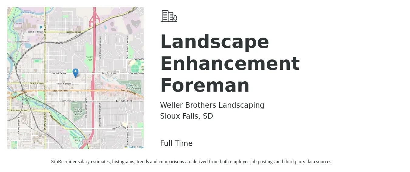 Weller Brothers Landscaping job posting for a Landscape Enhancement Foreman in Sioux Falls, SD with a salary of $20 to $28 Hourly with a map of Sioux Falls location.
