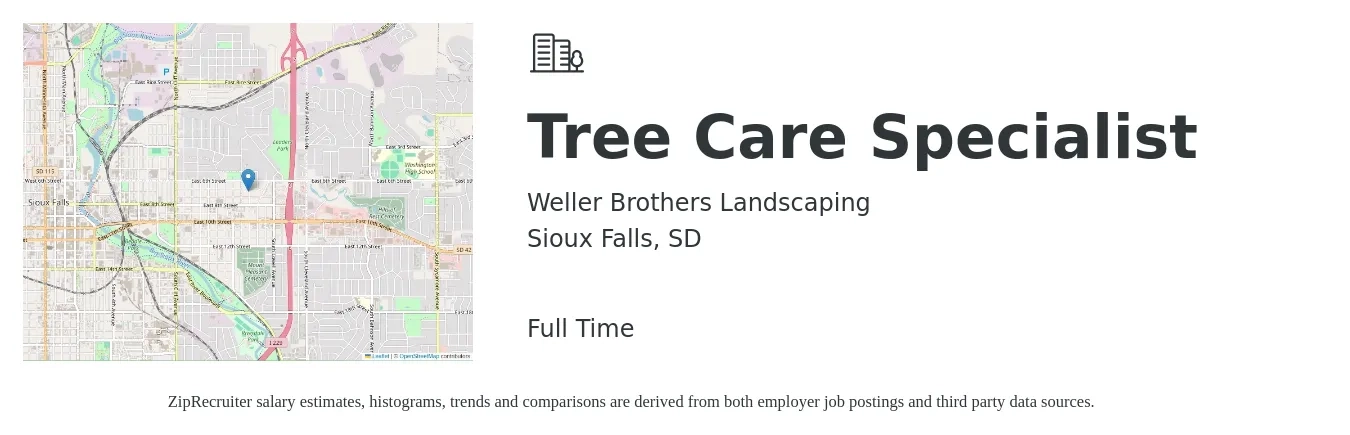 Weller Brothers Landscaping job posting for a Tree Care Specialist in Sioux Falls, SD with a salary of $18 to $24 Hourly with a map of Sioux Falls location.