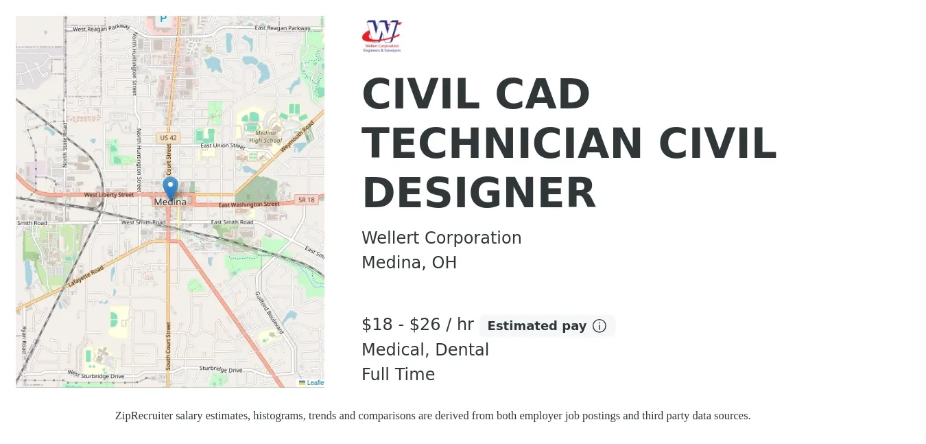 Wellert Corporation job posting for a CIVIL CAD TECHNICIAN CIVIL DESIGNER in Medina, OH with a salary of $19 to $28 Hourly and benefits including dental, life_insurance, medical, and pto with a map of Medina location.