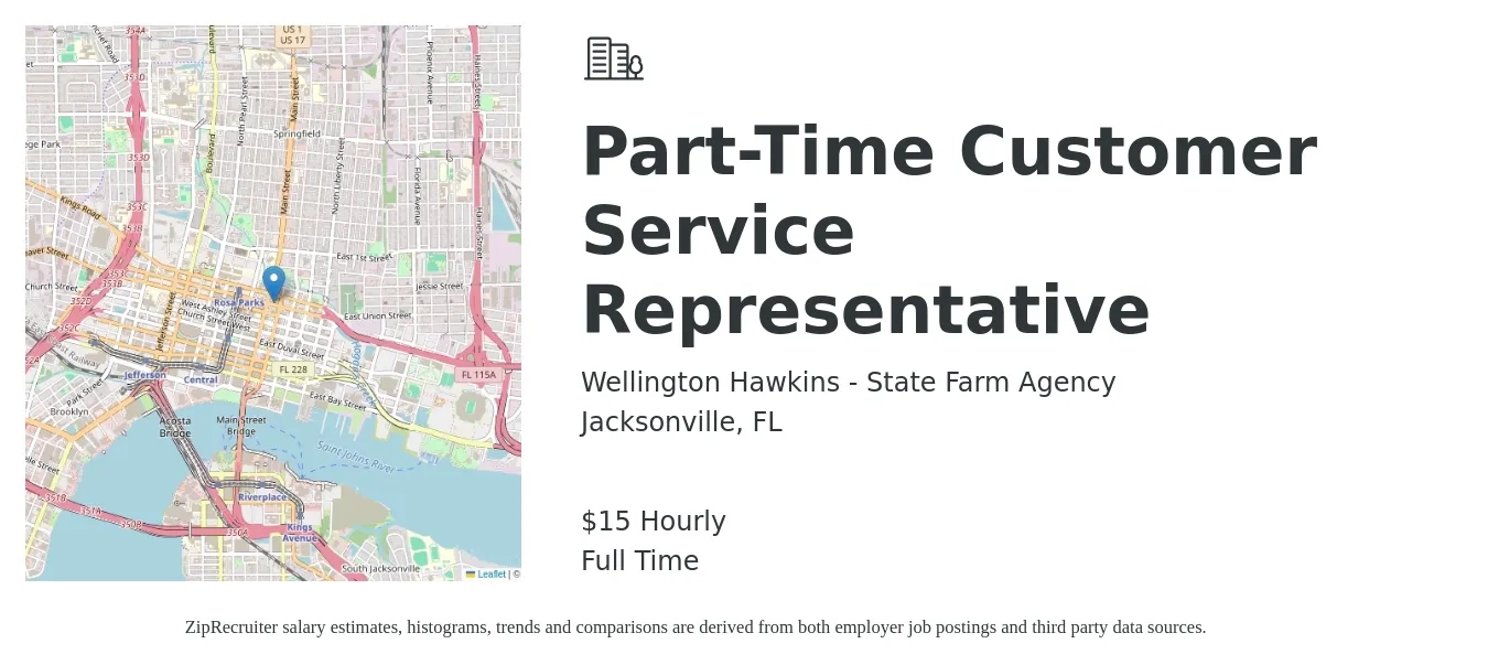 Wellington Hawkins - State Farm Agency job posting for a Part-Time Customer Service Representative in Jacksonville, FL with a salary of $16 Hourly with a map of Jacksonville location.