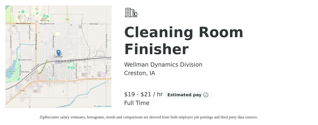 Wellman Dynamics Division job posting for a Cleaning Room Finisher in Creston, IA with a salary of $20 to $22 Hourly with a map of Creston location.