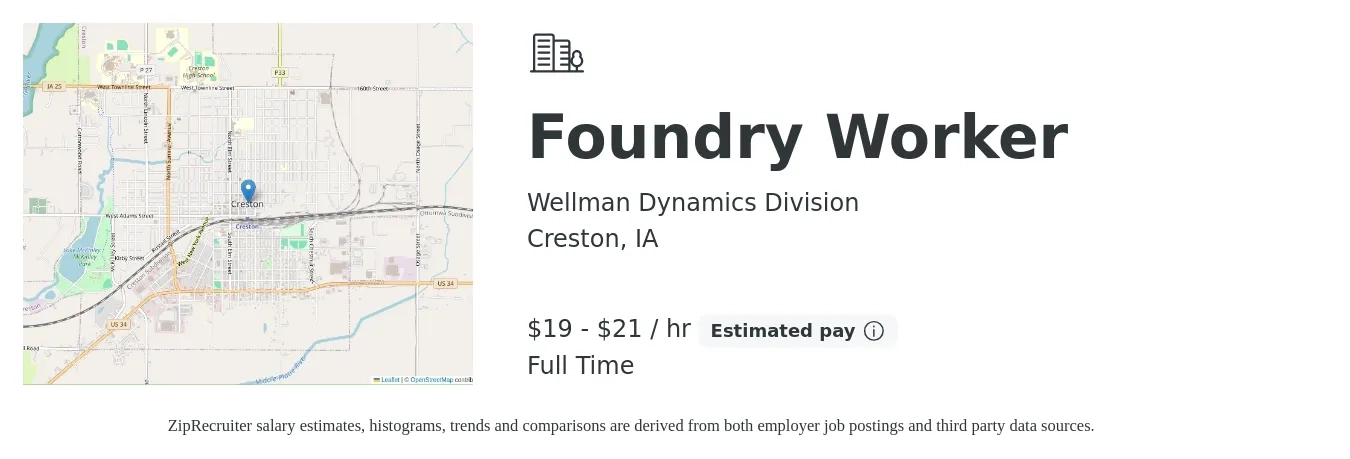 Wellman Dynamics Division job posting for a Foundry Worker in Creston, IA with a salary of $20 to $22 Hourly with a map of Creston location.