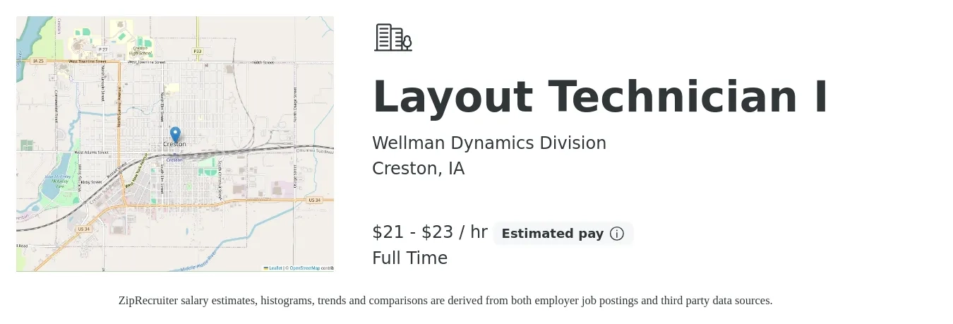 Wellman Dynamics Division job posting for a Layout Technician I in Creston, IA with a salary of $22 to $24 Hourly with a map of Creston location.
