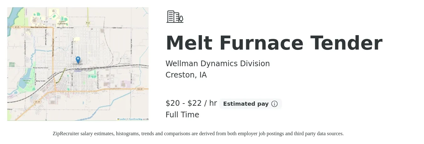 Wellman Dynamics Division job posting for a Melt Furnace Tender in Creston, IA with a salary of $22 to $24 Hourly with a map of Creston location.