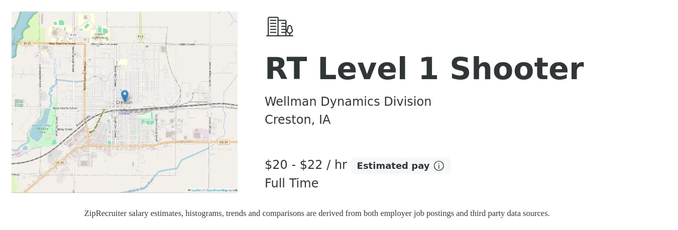 Wellman Dynamics Division job posting for a RT Level 1 Shooter in Creston, IA with a salary of $21 to $23 Hourly with a map of Creston location.