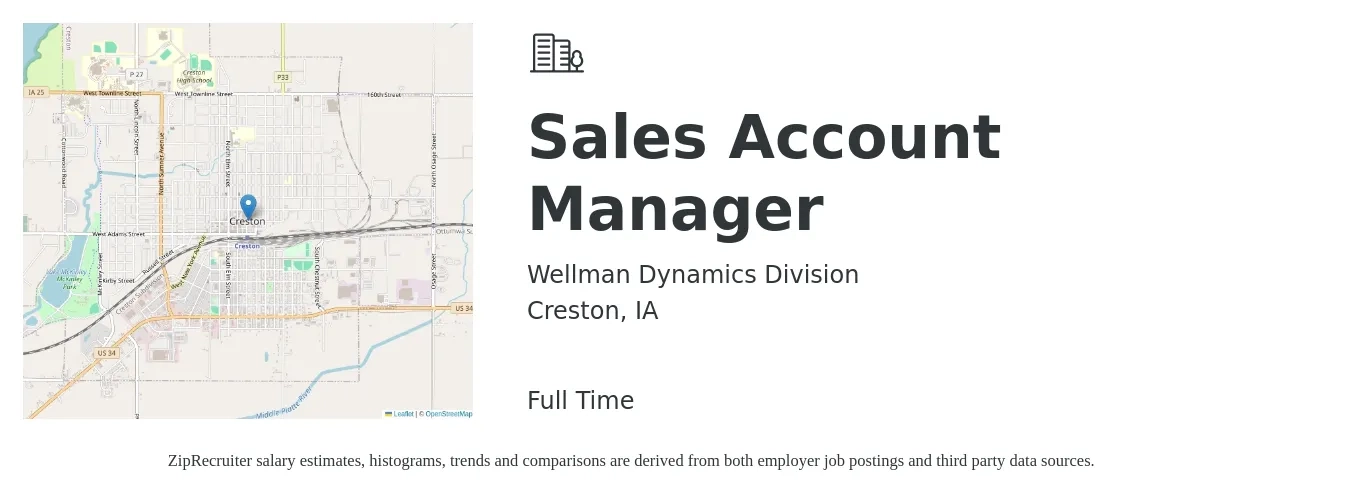 Wellman Dynamics Division job posting for a Sales Account Manager in Creston, IA with a salary of $52,200 to $82,600 Yearly with a map of Creston location.