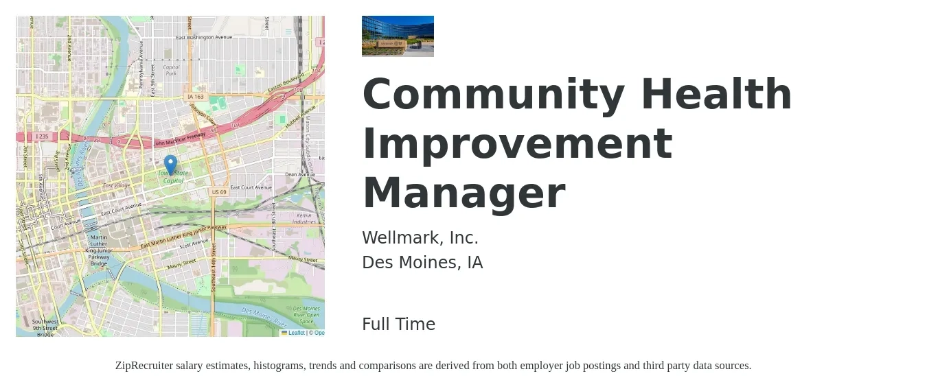 Wellmark, Inc. job posting for a Community Health Improvement Manager in Des Moines, IA with a salary of $45,900 to $65,400 Yearly with a map of Des Moines location.