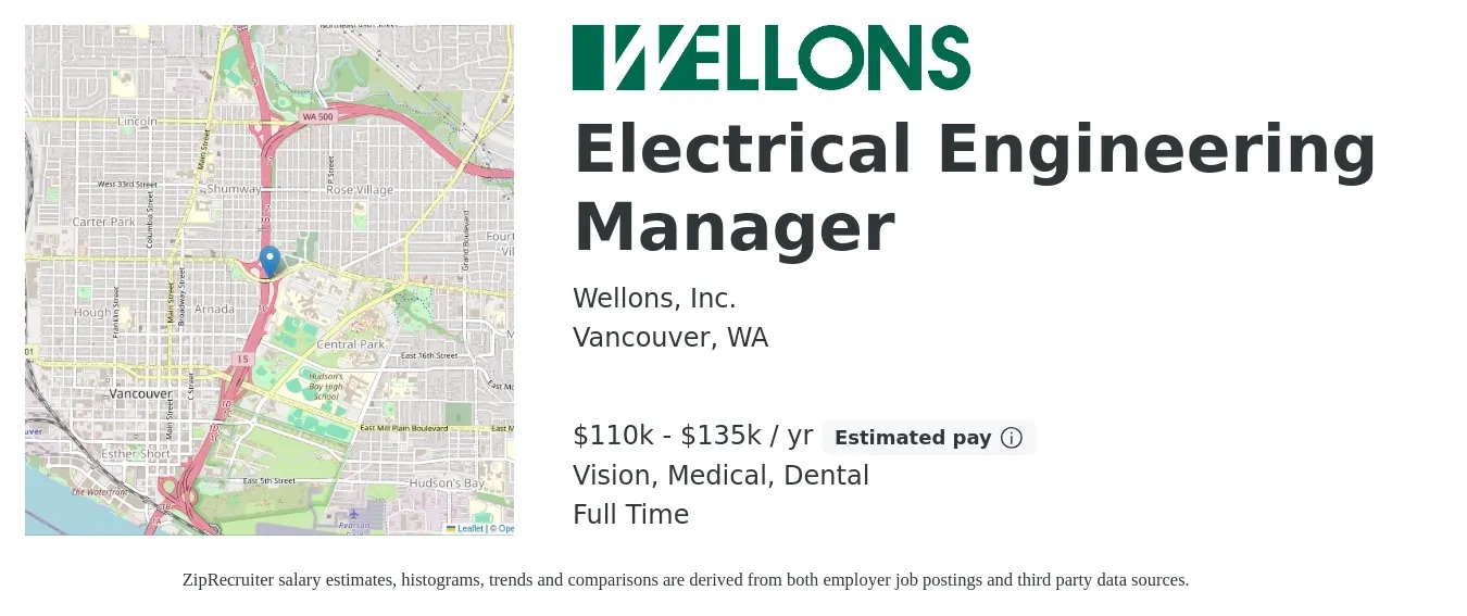 Wellons, Inc. job posting for a Electrical Engineering Manager in Vancouver, WA with a salary of $110,000 to $135,000 Yearly and benefits including vision, dental, life_insurance, and medical with a map of Vancouver location.