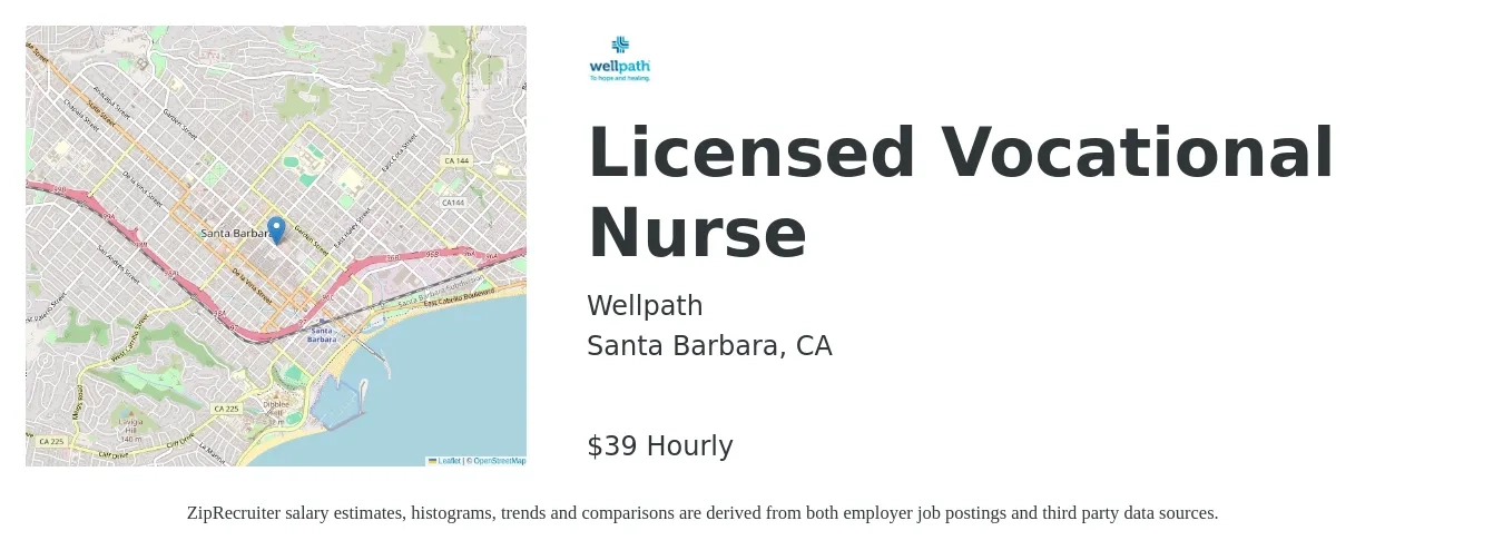 Wellpath job posting for a Licensed Vocational Nurse in Santa Barbara, CA with a salary of $32 to $36 Hourly with a map of Santa Barbara location.