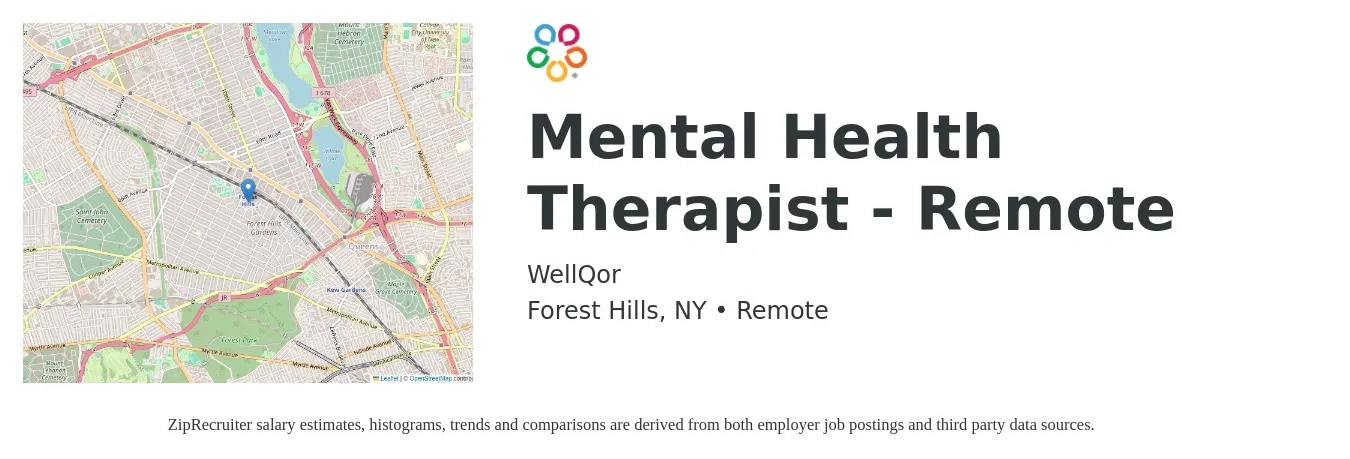 WellQor job posting for a Mental Health Therapist - Remote in Forest Hills, NY with a salary of $63,300 to $89,700 Yearly with a map of Forest Hills location.