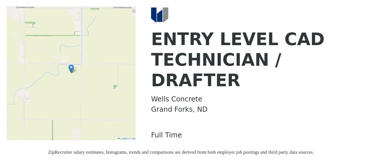 Wells Concrete job posting for a ENTRY LEVEL CAD TECHNICIAN / DRAFTER in Grand Forks, ND with a salary of $22 to $29 Hourly with a map of Grand Forks location.