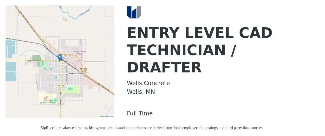 Wells Concrete job posting for a ENTRY LEVEL CAD TECHNICIAN / DRAFTER in Wells, MN with a salary of $21 to $28 Hourly with a map of Wells location.