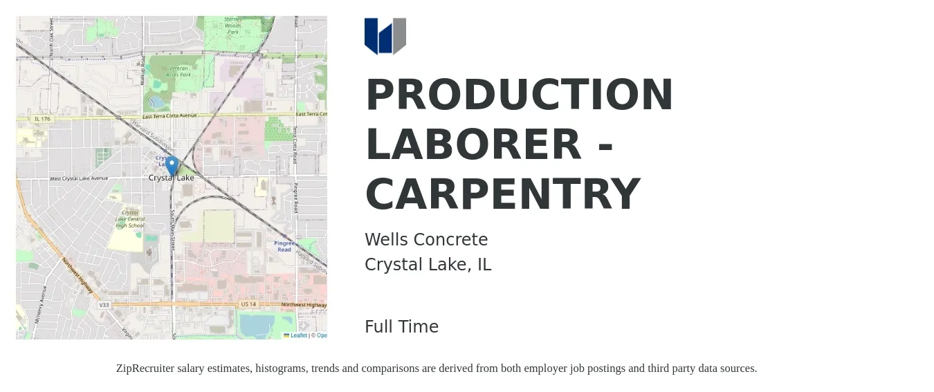Wells Concrete job posting for a PRODUCTION LABORER - CARPENTRY in Crystal Lake, IL with a salary of $16 to $19 Hourly with a map of Crystal Lake location.