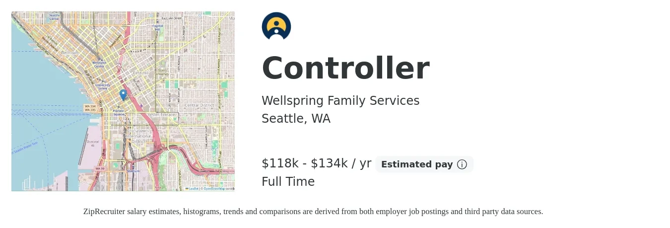 Wellspring Family Services job posting for a Controller in Seattle, WA with a salary of $118,000 to $134,000 Yearly with a map of Seattle location.