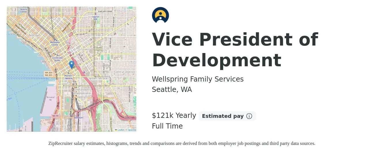 Wellspring Family Services job posting for a Vice President of Development in Seattle, WA with a salary of $121,013 Yearly with a map of Seattle location.
