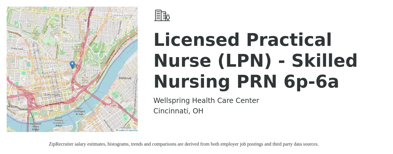 Wellspring Health Care Center job posting for a Licensed Practical Nurse (LPN) - Skilled Nursing PRN 6p-6a in Cincinnati, OH with a salary of $25 to $34 Hourly with a map of Cincinnati location.