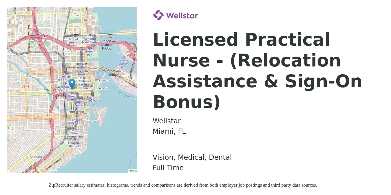 Wellstar job posting for a Licensed Practical Nurse - (Relocation Assistance & Sign-On Bonus) in Miami, FL with a salary of $25 to $34 Hourly and benefits including life_insurance, medical, pto, retirement, vision, and dental with a map of Miami location.