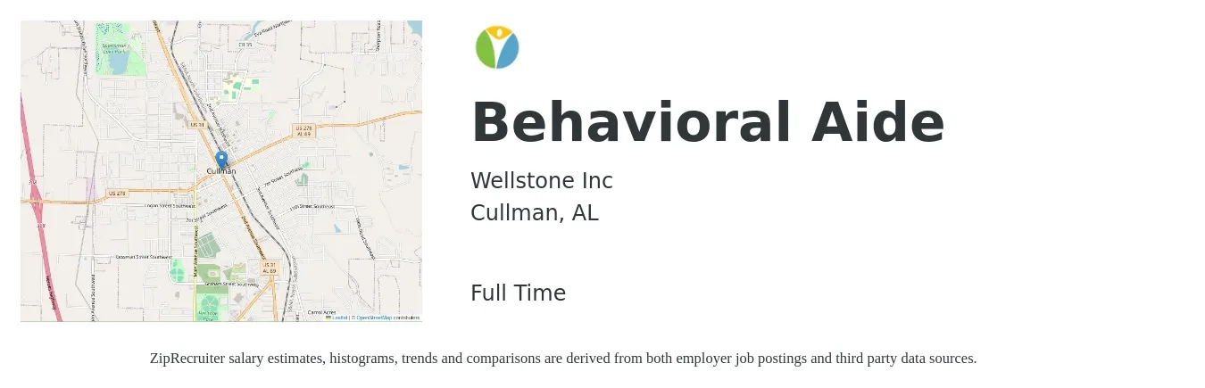 WellStone job posting for a Behavioral Aide in Cullman, AL with a salary of $13 to $16 Hourly with a map of Cullman location.