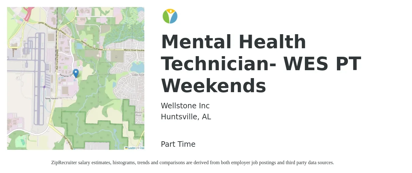 Wellstone Inc job posting for a Mental Health Technician- WES PT Weekends in Huntsville, AL with a salary of $16 to $21 Hourly with a map of Huntsville location.