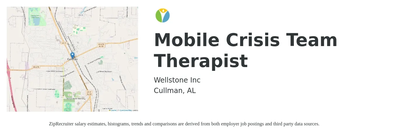 Wellstone Inc job posting for a Mobile Crisis Team Therapist in Cullman, AL with a salary of $42,300 to $61,300 Yearly with a map of Cullman location.