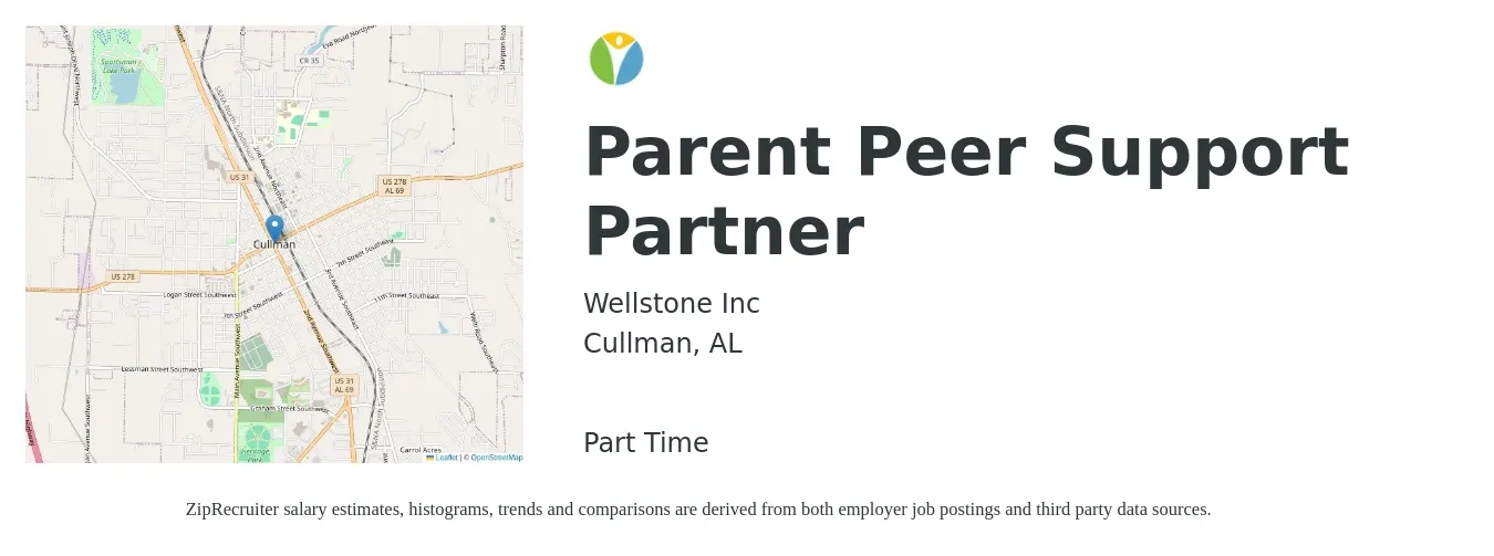 Wellstone Inc job posting for a Parent Peer Support Partner in Cullman, AL with a salary of $16 to $20 Hourly with a map of Cullman location.