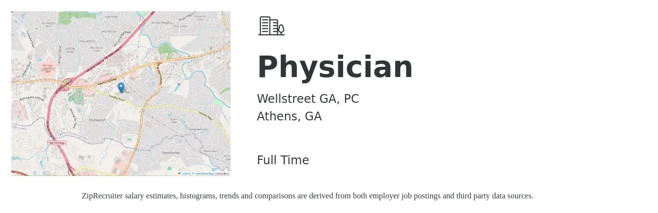 Wellstreet GA, PC job posting for a Physician in Athens, GA with a salary of $159,000 to $204,600 Yearly with a map of Athens location.