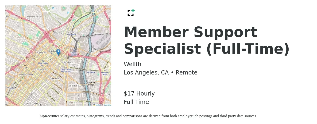 Wellth job posting for a Member Support Specialist (Full-Time) in Los Angeles, CA with a salary of $18 Hourly with a map of Los Angeles location.