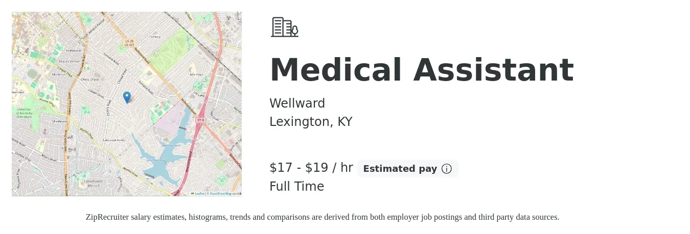Wellward job posting for a Medical Assistant in Lexington, KY with a salary of $18 to $20 Hourly with a map of Lexington location.