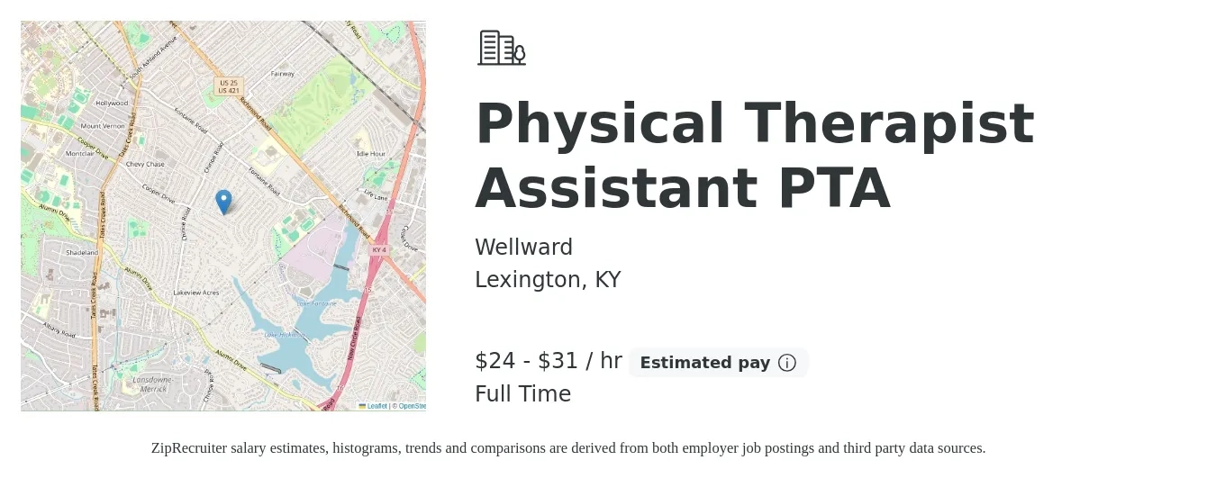 Wellward job posting for a Physical Therapist Assistant PTA in Lexington, KY with a salary of $25 to $33 Hourly with a map of Lexington location.