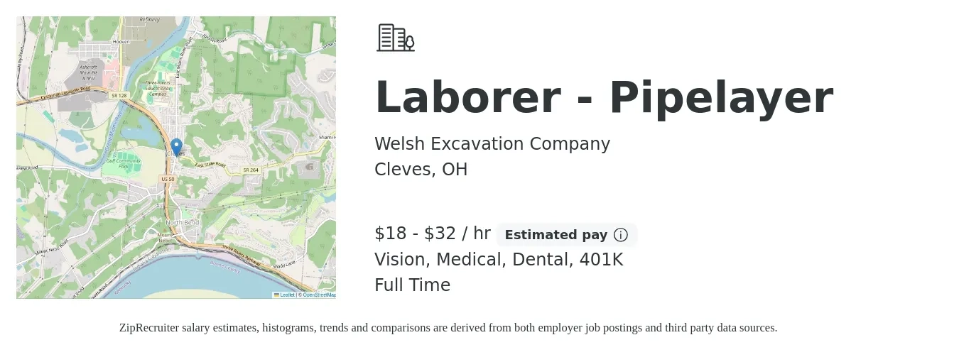 Welsh Excavation Company job posting for a Laborer - Pipelayer in Cleves, OH with a salary of $19 to $34 Hourly and benefits including life_insurance, medical, vision, 401k, and dental with a map of Cleves location.