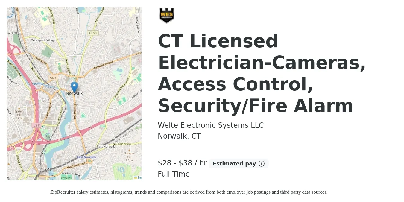 Welte Electronic Systems LLC job posting for a CT Licensed Electrician-Cameras, Access Control, Security/Fire Alarm in Norwalk, CT with a salary of $32 to $40 Hourly with a map of Norwalk location.