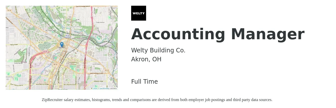 Welty Building Co. job posting for a Accounting Manager in Akron, OH with a salary of $74,600 to $107,100 Yearly with a map of Akron location.