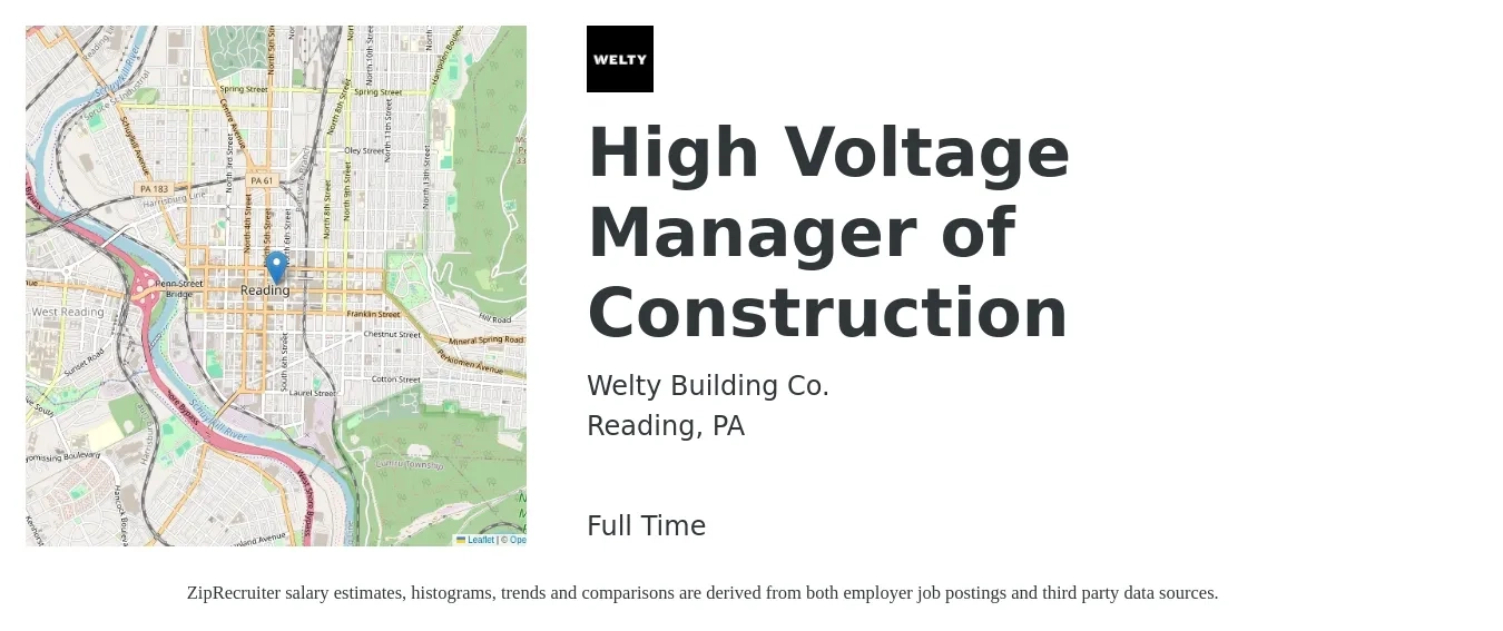 Welty Building Co. job posting for a High Voltage Manager of Construction in Reading, PA with a salary of $81,100 to $142,100 Yearly with a map of Reading location.