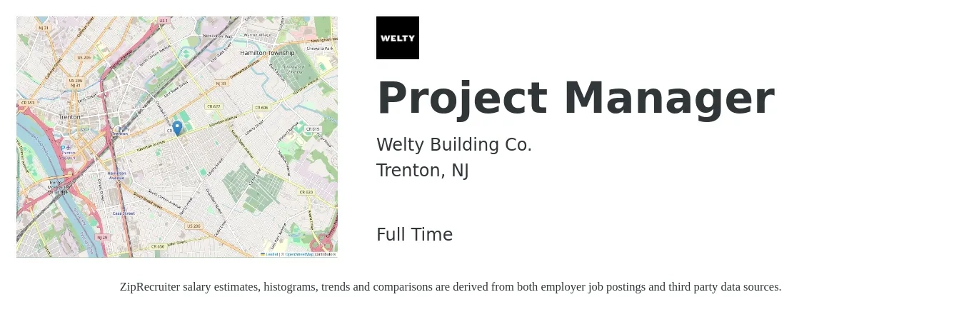 Welty Building Co. job posting for a Project Manager in Trenton, NJ with a salary of $78,700 to $123,300 Yearly with a map of Trenton location.