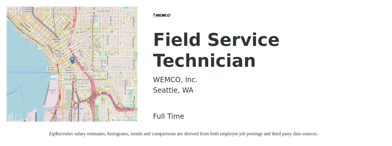 WEMCO, Inc. job posting for a Field Service Technician in Seattle, WA with a salary of $23 to $34 Hourly with a map of Seattle location.