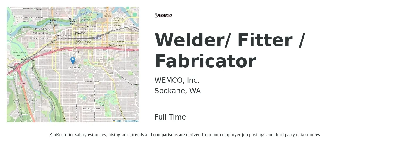 WEMCO, Inc. job posting for a Welder/ Fitter / Fabricator in Spokane, WA with a salary of $18 to $30 Hourly with a map of Spokane location.