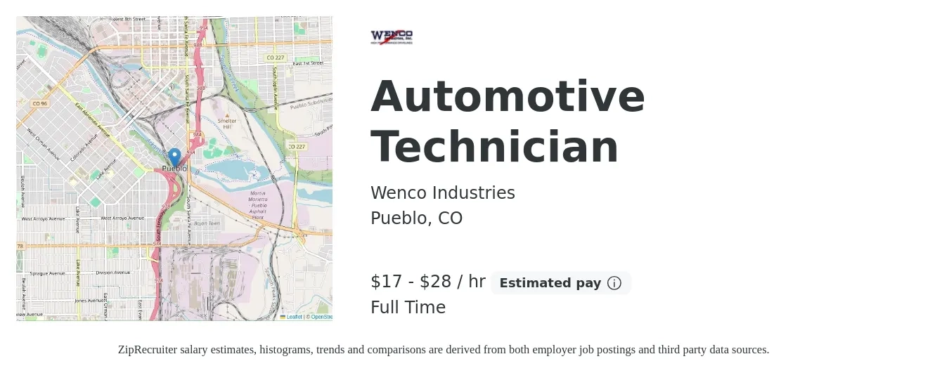 Wenco Industries job posting for a Automotive Technician in Pueblo, CO with a salary of $18 to $30 Hourly with a map of Pueblo location.