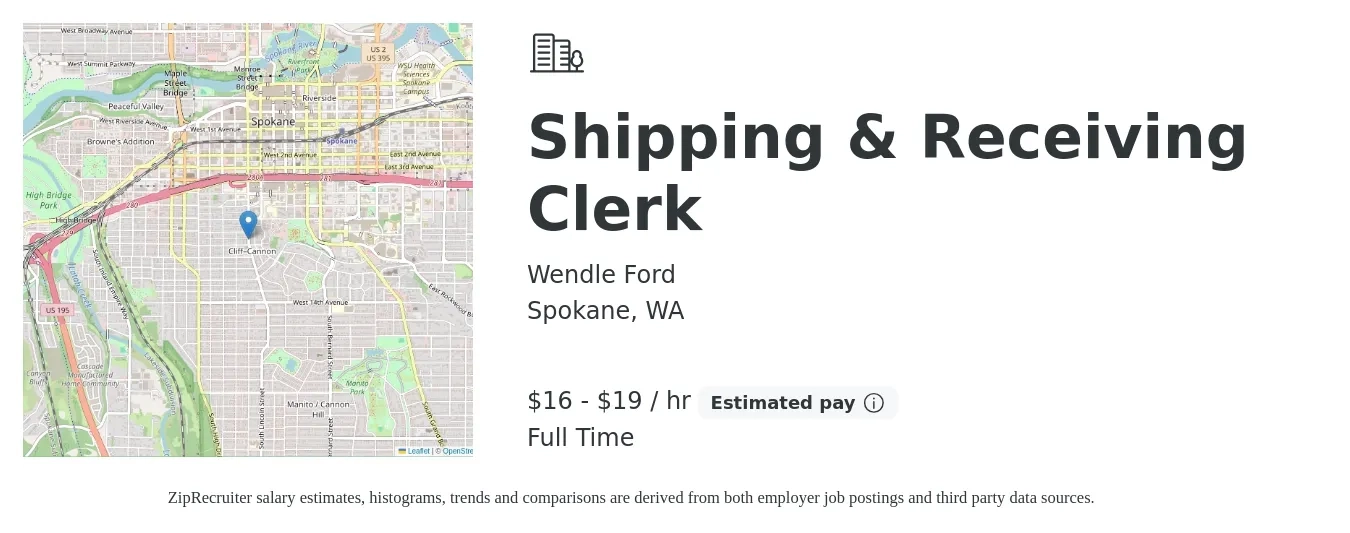 Wendle Ford job posting for a Shipping & Receiving Clerk in Spokane, WA with a salary of $17 to $20 Hourly with a map of Spokane location.