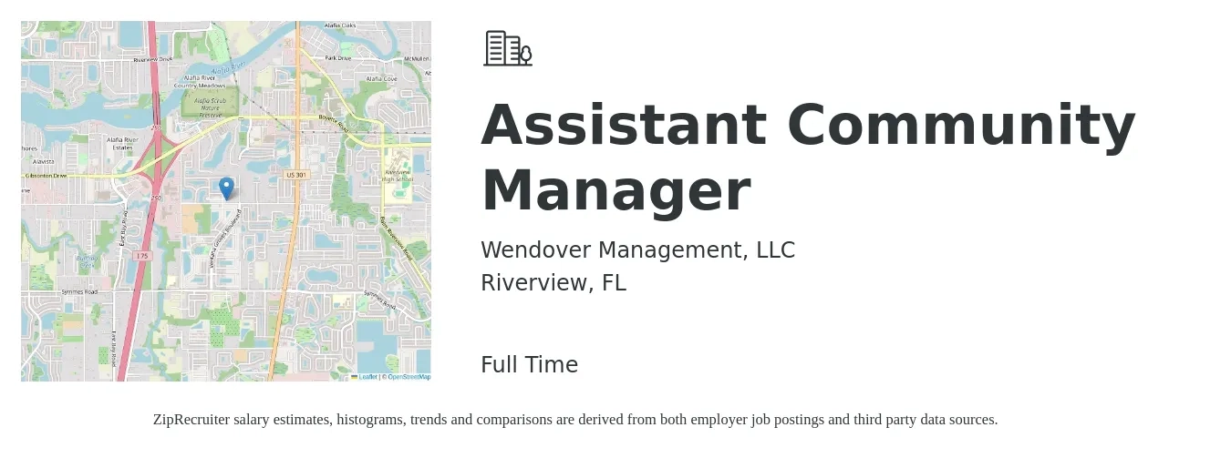 Wendover Management, LLC job posting for a Assistant Community Manager in Riverview, FL with a salary of $17 to $20 Hourly with a map of Riverview location.