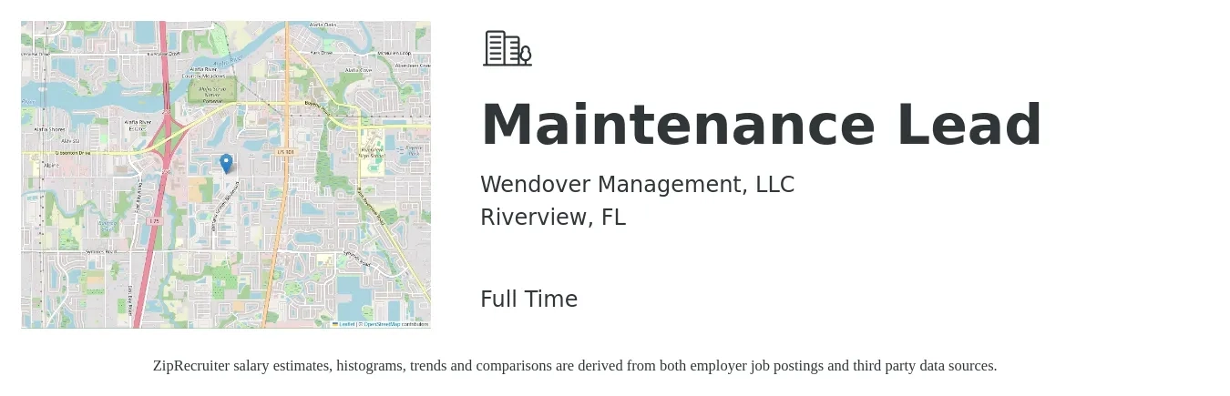 Wendover Management, LLC job posting for a Maintenance Lead in Riverview, FL with a salary of $22 to $36 Hourly with a map of Riverview location.