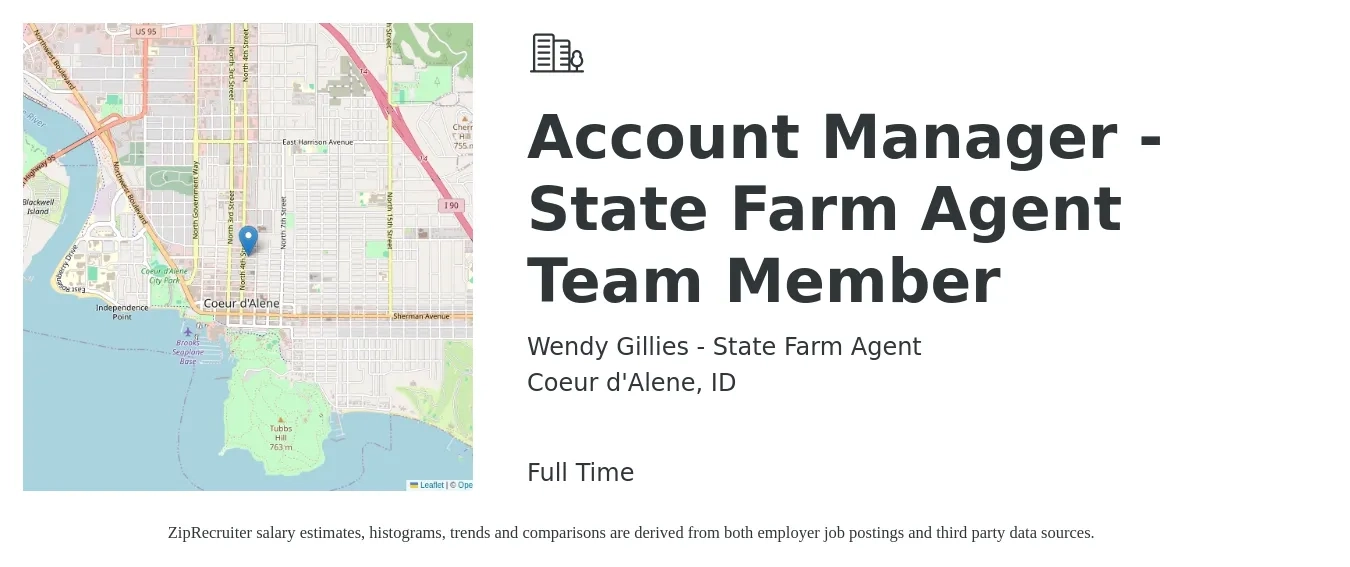 Wendy Gillies - State Farm Agent job posting for a Account Manager - State Farm Agent Team Member in Coeur d'Alene, ID with a salary of $46,900 to $76,700 Yearly with a map of Coeur d'Alene location.