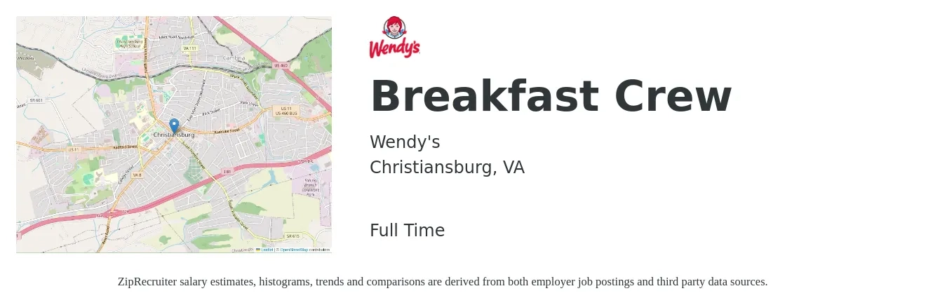 Wendy's job posting for a Breakfast Crew in Christiansburg, VA with a salary of $12 to $14 Hourly with a map of Christiansburg location.