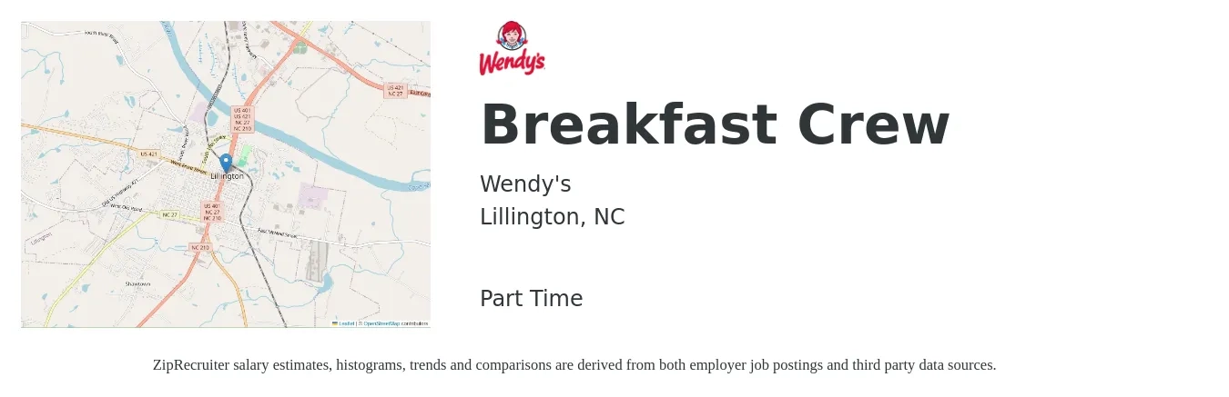 Wendy's job posting for a Breakfast Crew in Lillington, NC with a salary of $11 to $13 Hourly with a map of Lillington location.