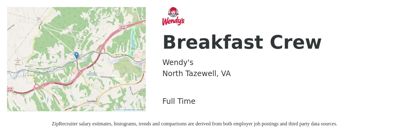 Wendy's job posting for a Breakfast Crew in North Tazewell, VA with a salary of $12 to $14 Hourly with a map of North Tazewell location.